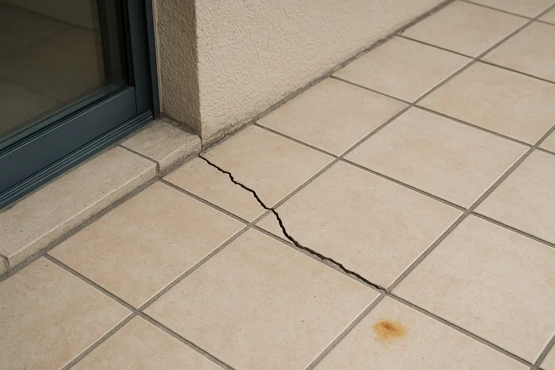 A balcony floor of beige tiles with a crack running along a grout line beside the rendered wall and a small rust-brown stain on a tile near the edge — balcony concrete cancer repair, Brisbane. Illustrative example.