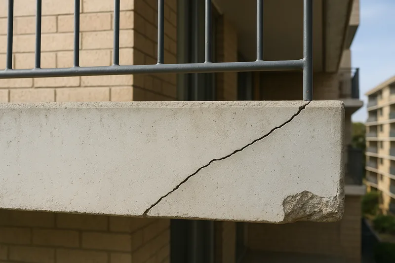 The front edge of a concrete balcony slab with a diagonal crack across its painted face and a small area of concrete missing at the corner, under a metal balustrade — concrete cancer repair, Brisbane. Illustrative example.
