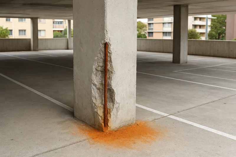 A concrete car park column with its lower corner broken away, a vertical rusted bar exposed and orange rust dust on the floor beneath it — spalling and exposed reinforcement, Brisbane. Illustrative example.